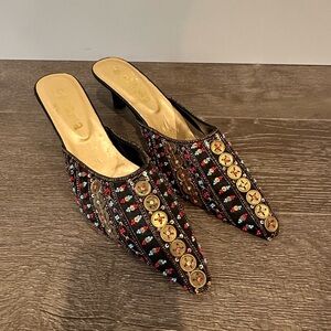 Beaded Point Toe Kitten Heel Mules